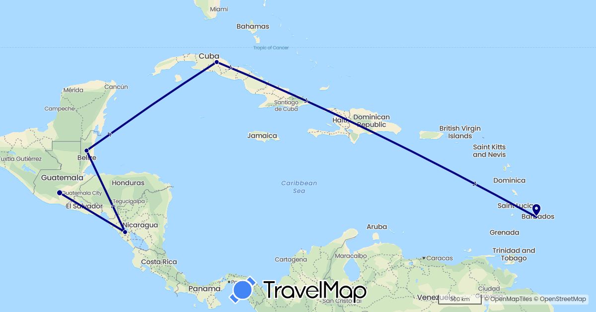 TravelMap itinerary: driving in Barbados, Belize, Cuba, Guatemala, Nicaragua (North America)